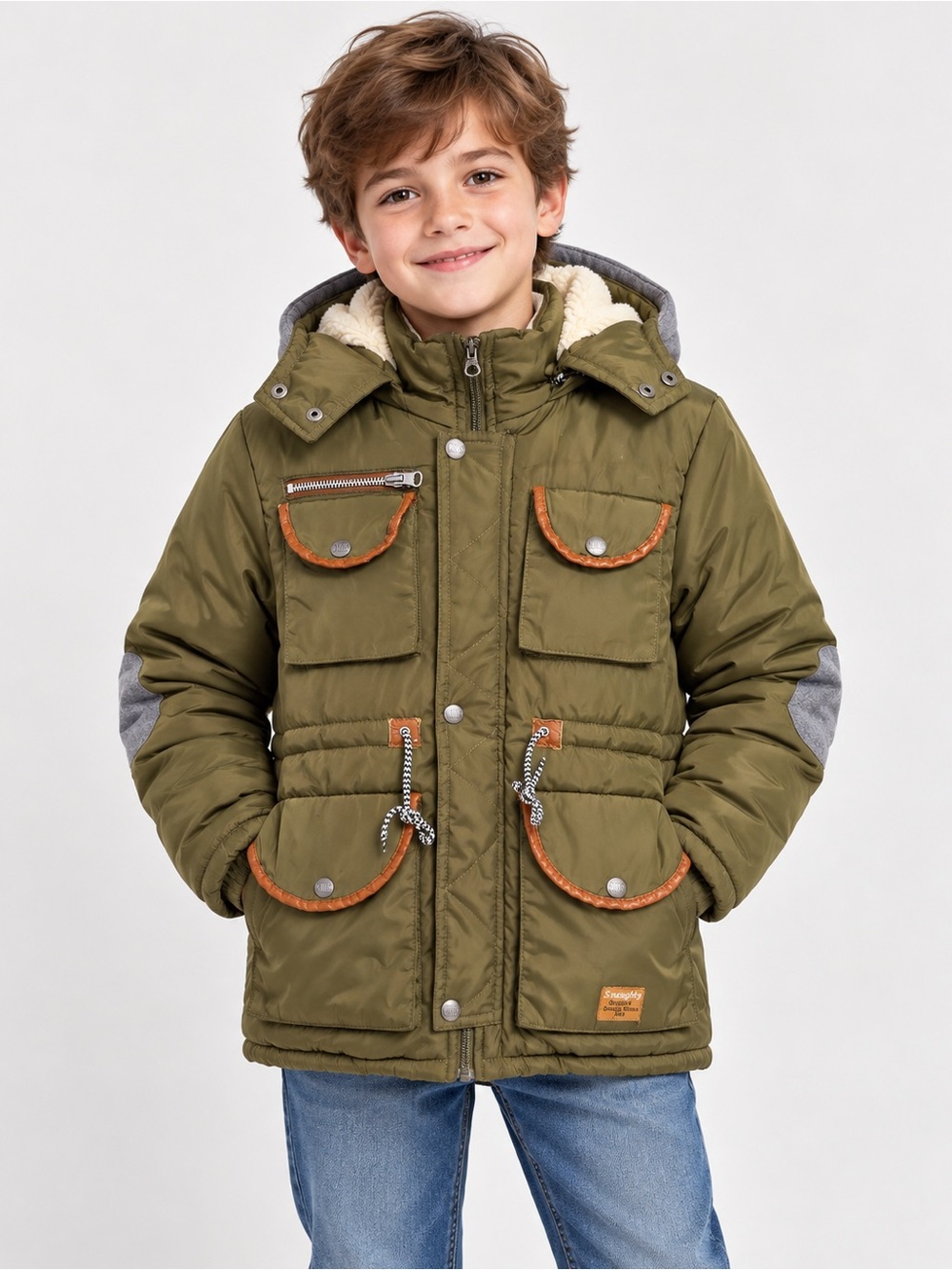 Kids Olive Green Winter Parka Jacket Sherpa Lined Hood Size 8-10
